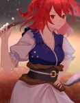  1girl breasts cleavage closed_mouth coin commentary hair_bobbles hair_ornament hand_on_own_hip highres holding holding_scythe multicolored_background onozuka_komachi red_eyes red_hair sash scythe short_sleeves smile solo touhou two_side_up umeko_81 