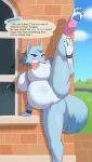  2023 4_toes absurd_res animal_crossing anthro areola belly big_belly big_breasts blue_body blue_eyes blue_fur bodily_fluids breasts canid canine canis clothed clothing dated day dialogue digit_ring english_text eyebrows feet female fingers flexible fur genitals hi_res ice2g jewelry lactating leg_warmers legwear looking_at_viewer mammal mostly_nude nintendo nipples one_leg_up open_mouth outside pawpads pink_areola pink_nipples pregnant pussy raised_leg ring signature solo splits spread_legs spreading standing sweat text toes vertical_splits wedding_ring white_body white_fur whitney_(animal_crossing) wolf wristband 