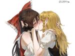  2girls aihara-rina black_dress black_hair blonde_hair blush braid closed_eyes detached_sleeves dress french_kiss hair_between_eyes hair_ornament hair_ribbon hakurei_reimu hands_on_another&#039;s_face highres kirisame_marisa kiss long_hair multiple_girls puffy_short_sleeves puffy_sleeves red_dress ribbon sarashi short_sleeves sidelocks single_braid sleeveless touhou yuri 