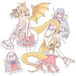  2girls 3: :&gt; ^_^ ahoge anisphia_wynn_palettia anjuro_zeeku ass_cutout blonde_hair blue_hair blush bow closed_eyes clothes_in_front clothing_cutout collarbone covering dragon_girl dragon_tail dragon_wings dress english_commentary euphyllia_magenta green_eyes hair_bow highres holding holding_another&#039;s_tail holding_clothes holding_dress horns jacket light_blue_hair long_hair military_uniform multiple_girls multiple_views nude nude_cover pink_dress pinstripe_bow profile short_hair simple_background sparkle tail tail_through_clothes tensei_oujo_to_tensai_reijou_no_mahou_kakumei thighhighs uniform white_background white_jacket white_thighhighs wings yuri 