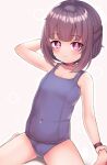  1girl arm_behind_head arm_up bare_arms bare_shoulders barefoot blush bright_pupils brown_hair closed_mouth collarbone covered_navel crybabyglo fallenshadow flat_chest half_updo hand_on_own_foot highres indie_virtual_youtuber looking_at_viewer medium_hair pink_eyes school_swimsuit sidelocks simple_background sitting smile solo spread_legs straight_hair swimsuit virtual_youtuber wristband 