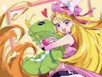  1girl animal animal_hug birthday blonde_hair butterfly_earrings butterfly_hair_ornament caterpie closed_eyes crushing cure_butterfly earrings frills hair_ornament hat highres hijiri_ageha hirogaru_sky!_precure holding holding_animal jewelry looking_at_viewer midriff multicolored_hair open_mouth orange_hair pink_eyes pink_skirt pokemon pokemon_(creature) precure skirt sleeveless solo struggling sweat sweatdrop swept_bangs two-tone_hair upper_body yoshiyama_yuu 