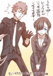  1boy 1girl alternate_costume black_suit blue_eyes business_suit couple formal gauma gridman_universe gridman_universe_(film) hair_between_eyes hair_bun hetero highres jewelry kuroda_asaki long_hair necktie open_mouth pant_suit pants princess_(dynazenon) red_hair scar short_hair smile speech_bubble suit sweat translation_request 