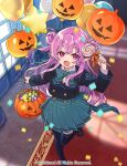  1girl :d arm_up balloon black_footwear black_jacket black_thighhighs blazer blue_bow blue_skirt bow candy cardfight!!_vanguard character_request collared_shirt commentary_request confetti cropped_jacket day double_bun fangs food hair_bun halloween_bucket holding holding_balloon holding_food indoors jack-o&#039;-lantern jacket loafers lollipop long_sleeves miyoshino official_art orange_bow pink_hair pleated_skirt pointy_ears purple_eyes school_uniform shirt shoes skirt smile solo standing standing_on_one_leg star_balloon sunlight swirl_lollipop thighhighs two_side_up white_shirt window 