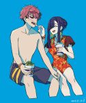  1boy 1girl blue_background blue_eyes blush chinese_clothes closed_eyes couple earrings eating food gauma gridman_universe gridman_universe_(film) hair_bun hair_over_one_eye hetero ice_cream jewelry long_hair official_alternate_costume one-piece_swimsuit open_mouth pisto1star princess_(dynazenon) red_hair scar simple_background single_hair_bun smile ssss.dynazenon sunglasses swimsuit 