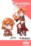  1girl blush boots brown_footwear chandra_ablaze chandra_nalaar character_name chibi copyright_name embers fiery_hair fingerless_gloves fire full_body gloves goggles goggles_on_head heping_zhongjie_shang knee_boots magic:_the_gathering midriff orange_hair pyrokinesis red_armor red_skirt single_glove skirt smile sweatdrop 
