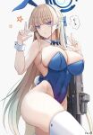  1girl animal_ears assault_rifle blonde_hair blue_archive blue_eyes blue_leotard breasts double_w ear_piercing earpiece gun halo hands_up highleg highleg_leotard highres keenh large_breasts leotard microphone parted_lips piercing playboy_bunny rabbit_ears rabbit_tail rifle simple_background skindentation solo speech_bubble star_(symbol) tail thighhighs thighs toki_(blue_archive) toki_(bunny)_(blue_archive) translated w weapon white_background white_thighhighs wrist_cuffs 