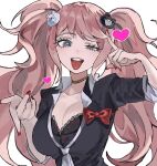  1girl :d :p bear_hair_ornament black_bra black_shirt bow bra breasts cleavage danganronpa:_trigger_happy_havoc danganronpa_(series) enoshima_junko gold_choker green_eyes grey_necktie hair_ornament half-closed_eye hands_up heart highres inu_totemo lace-trimmed_bra lace_trim large_breasts light_brown_hair long_hair necktie polka_dot polka_dot_bra red_bow red_eyes shirt simple_background smile teeth tongue tongue_out twintails two-tone_eyes underwear upper_body upper_teeth_only white_background 