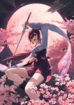  1girl boots bow brown_eyes brown_hair cherry_blossoms cloud full_moon highres holding holding_sword holding_weapon japanese_clothes long_hair looking_at_viewer midair moon naxile night open_mouth original outdoors pleated_skirt sash shirt skirt solo sword weapon white_shirt 