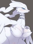  anthro big_breasts blue_eyes blush breasts chest_tuft claws cleavage clothed clothing dragon facial_tuft female fur generation_5_pokemon hand_on_breast hi_res legendary_pokemon long_neck looking_at_viewer nintendo pokemon pokemon_(species) reshiram simple_background solo tuft ukan_muri white_body white_fur winged_arms wings 