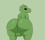  2023 absurd_res anthro balls bedroom_eyes belly_lentel bent_over big_butt black_sclera butt colossalstars digital_media_(artwork) genitals green_background green_body green_scales green_spikes green_tail half-closed_eyes hi_res kobold lizard looking_at_viewer looking_back male narrowed_eyes presenting presenting_hindquarters reptile scales scalie seductive short_tail simple_background smile solo spikes spikes_(anatomy) tail thick_thighs white_eyes 