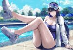  1girl ass black_hair blue_archive blue_eyes blue_hair blue_halo breasts cleavage closed_mouth collarbone colored_inner_hair crocs day halo highres jacket large_breasts long_hair looking_at_viewer multicolored_hair nicky_w open_clothes open_jacket outdoors pointy_ears pool rin_(blue_archive) sitting solo water wet white_footwear white_jacket 