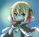  1girl blonde_hair blue_eyes breasts brown_cape brown_capelet brown_gloves cape capelet cleavage closed_mouth double_bun eyelashes fur-trimmed_cape fur-trimmed_capelet fur-trimmed_gloves fur_trim gloves hair_between_eyes hair_bun hair_ribbon hand_up high_collar high_wizard_(ragnarok_online) highres kathryne_keyron looking_at_viewer ragnarok_online red_ribbon ribbon short_hair small_breasts smile solo v-shaped_eyebrows yuruko_(seiga8946606) 