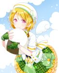  1girl artist_name asymmetrical_gloves beret blush bow bracelet brooch brown_hair closed_mouth cloud curly_hair detached_wings fingerless_gloves food gloves green_bow hat heart_brooch hirako idol jacket jewelry koizumi_hanayo layered_skirt looking_at_viewer love_live! love_live!_school_idol_festival object_hug onigiri pearl_bracelet plaid plaid_gloves plaid_skirt purple_eyes short_hair short_sleeves skirt smile solo stuffed_toy white_bow white_headwear white_jacket wings yellow_trim 