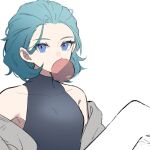  1girl bare_shoulders black_shirt blue_eyes blue_hair breasts bubble_blowing chewing_gum commentary_request covered_collarbone forehead grey_jacket honkai_(series) honkai_impact_3rd jacket lieserl_albert_einstein looking_at_viewer off_shoulder open_clothes open_jacket shirt simple_background sleeveless sleeveless_shirt small_breasts solo upper_body white_background yunomi_(yunomi_hs) 