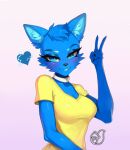  anthro blue_body blue_eyes canid canine choker clothing electrostimulation female fox glistening hair happy hearth inner_ear_fluff jewelry mammal mommy_kink narrowed_eyes necklace olivialovesfur portrait shirt signature solo topwear tuft yellow_clothing 