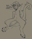  anthro balls blush bodily_fluids chest_tuft claws dinoyeen english_text genital_fluids genitals hair hand_behind_head hi_res knee_tuft leg_tuft male mammal open_mouth pawpads penis precum requesting sketch solo tail tail_tuft teeth text tongue tuft unknown_species 