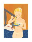 belly blonde_hair breasts eating food hat highres moitasart nipples nude original small_breasts thighs 