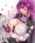  2girls blush breast_sucking breastfeeding breasts closed_eyes eyewear_on_head facebook_username gloves grey_hair hand_on_another&#039;s_face heart hiep_studio highres honkai:_star_rail honkai_(series) kafka_(honkai:_star_rail) large_breasts lips long_hair multiple_girls one_breast_out pixiv_username purple_eyes simple_background smile spider_web_print stelle_(honkai:_star_rail) sunglasses trailblazer_(honkai:_star_rail) twitter_username yuri 