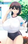  1boy 1girl absurdres black_shorts blue_eyes bottle branch breasts brown_hair gym_shirt gym_shorts gym_uniform highres holding holding_bottle holding_towel large_breasts leaf looking_at_viewer medium_hair original shiki_(psychedelic_g2) shirt shorts smile solo_focus sweat towel wiping_face wiping_sweat 