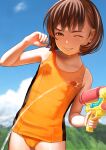  1girl absurdres blue_sky brown_eyes brown_hair cameltoe child cloud cowboy_shot day highres jishimaru looking_at_viewer mountain one-piece_swimsuit one_eye_closed original outdoors school_uniform shadow short_hair sky solo swimsuit two-tone_swimsuit water_gun yellow_one-piece_swimsuit 