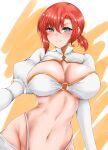  1girl aqua_eyes bikini blush boudica_(fate) breasts cleavage fate/grand_order fate_(series) highres juliet_sleeves large_breasts long_sleeves looking_at_viewer navel o-ring o-ring_bikini o-ring_top puffy_sleeves red_hair ryou_(619-619) short_hair short_ponytail shrug_(clothing) smile solo swimsuit white_bikini 