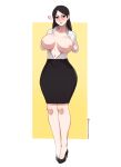  1girl absurdres angry blue_lips breasts commission flashing fraankyy full_body high_heels highres large_breasts looking_at_viewer mole mole_on_breast nipples office_lady original pencil_skirt shirt skirt standing 