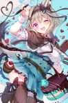  1girl ;d absurdres ahoge amakami_konomi black_bow blonde_hair blue_background blue_dress bow breasts cake cherry chocolate dress food foot_out_of_frame fruit hair_between_eyes hair_bow hand_up highres indie_virtual_youtuber leg_ribbon mint_chocolate noyu_(noyu23386566) one_eye_closed open_mouth pen purple_eyes ribbon small_breasts smile tail two-tone_background virtual_youtuber white_background 