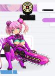  1girl :d blue_eyes bodysuit breasts center_opening chainsaw crossover dohna_dohna_issho_ni_warui_koto_o_shiyou goddess_of_victory:_nikke holding holding_weapon karukan_(monjya) kirakira_(dohna_dohna) large_breasts pink_hair purple_bodysuit short_twintails smile solo squatting twintails underboob weapon 