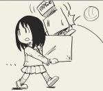  1girl azumanga_daioh azumanga_daioh&#039;s_school_uniform ball box carrying chibi denkirk english_text jacket kasuga_ayumu looking_to_the_side open_mouth parody peanuts school_uniform short_hair sketch skirt solo style_parody white_background 