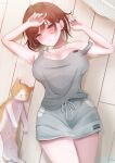  1girl aketa_mikoto alternate_costume blush breasts brown_eyes brown_hair calico cat grey_shorts grey_tank_top highres idolmaster idolmaster_shiny_colors large_breasts looking_at_viewer lying on_back shorts solo ssrg_srrg tank_top wooden_floor 