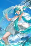  1girl aqua_hair bare_shoulders blue_eyes blue_sky blush breasts choker cloud cloudy_sky commentary_request dress earrings floating_clothes floating_hair hair_between_eyes hands_up hatsune_miku highres jewelry long_hair looking_at_viewer murumuru_(pixiv51689952) ocean open_mouth outdoors palm_tree sidelocks sky small_breasts smile solo spaghetti_strap tree very_long_hair vocaloid wading water white_dress 