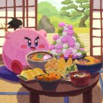  absurdres aburaage black_hair blue_eyes blush_stickers bowl dango food food_focus high_ponytail highres kirby kirby_(series) kitsune_udon miclot miso_soup no_humans oden omelet open_mouth pillow pink_footwear rock_garden saliva sanshoku_dango shoes shrimp shrimp_tempura table tamagoyaki tatami tempura too_much_food wagashi 