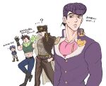  4boys battle_tendency blue_hair chain crop_top diamond_wa_kudakenai gakuran hands_in_pockets hat higashikata_josuke jojo_no_kimyou_na_bouken jonathan_joestar joseph_joestar joseph_joestar_(young) kujo_jotaro lanxjourney long_coat midriff multiple_boys phantom_blood purple_eyes purple_hair scarf school_uniform stardust_crusaders striped striped_scarf translation_request 