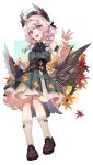  1girl ahoge autumn_leaves beret blue_hair blue_nails braid brown_footwear brown_socks brown_wings commentary dress enna_alouette enna_alouette_(3rd_costume) gradient_hair hat head_wings highres long_hair low_wings mechanical_wings multicolored_hair nijisanji nijisanji_en official_alternate_costume open_mouth plaid plaid_dress purple_eyes sheng-hanas smile socks solo symbol-only_commentary twin_braids wings 