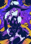  1girl :3 bare_shoulders black_dress black_thighhighs blair_(soul_eater) blush_stickers breasts dress floating floating_object hat highres long_hair looking_at_viewer night night_sky one_eye_closed parororo paw_pose pumpkin purple_hair shiny_skin sitting sky slit_pupils smile solo soul_eater thighhighs thighs wide_hips witch witch_hat yellow_eyes 