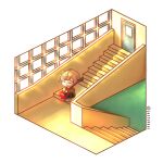  1boy cardigan chibi closed_eyes door given guitar highres holding holding_instrument instrument interior isometric no_mouth red_hair satou_mafuyu sitting sitting_on_stairs sleeping solo stairs tagme white_footwear window 