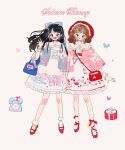  2girls :o animal_print antique_phone bag ballet_slippers bear_print black_eyes black_hair blue_bow blue_eyes blue_jacket blush_stickers bow bow_bra bow_legwear bra brown_eyes brown_hair bug butterfly buttons cake_print cat_print center_frills cherry_blossom_print cherry_print collar collared_dress cross-laced_footwear dress english_text eyelashes floral_print food_print frilled_collar frilled_dress frilled_hat frilled_socks frills full_body gift gloves gothic_lolita hair_bow hair_lift hand_up hat heart heart_print highres holding_hands ice_cream_print jacket lolita_fashion long_hair long_sleeves mary_janes medium_hair multiple_girls open_mouth original pink_bow pink_jacket pom_pom_(clothes) purple_bracelet purple_butterfly putong_xiao_gou rabbit_print red_bag red_bow red_footwear red_headwear red_lips shoes short_dress shoulder_bag sidelocks smile socks straight-on teeth underwear upper_teeth_only waving white_background white_collar white_dress white_gloves white_socks white_wrist_cuffs wide_sleeves 