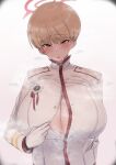  1girl absurdres blonde_hair blue_archive blush breasts button_gap buttons cleavage collared_shirt fuzinoe_13b gloves gradient_background halo highres huge_breasts long_sleeves looking_at_viewer marina_(blue_archive) military military_uniform no_bra open_clothes open_mouth partially_unbuttoned revision shirt short_hair simple_background solo steaming_body sweat unbuttoned uniform upper_body white_gloves yellow_eyes 