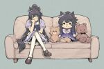  1girl animal_ears black_hair bow bowtie brown_footwear character_doll closed_mouth couch crossed_legs elbow_rest full_body horse_ears horse_girl horse_tail jitome long_hair looking_to_the_side narita_brian_(umamusume) ponytail puffy_short_sleeves puffy_sleeves rope sailor_collar school_uniform shimenawa shoes short_sleeves sitting skirt solo stuffed_animal stuffed_toy sweatdrop tail teddy_bear thighhighs tracen_school_uniform umamusume uruimu white_skirt white_thighhighs 