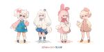  4girls beret black_footwear blue_eyes blue_shorts blue_socks bow brown_footwear cinnamoroll cinnamoroll_(cosplay) cosplay crown footwear_bow frown hat hello_kitty_(character) hello_kitty_(character)_(cosplay) inkling inkling_girl light_brown_hair long_hair long_sleeves mini_crown multiple_girls my_melody my_melody_(cosplay) overalls pink_eyes pink_hair pompompurin pompompurin_(cosplay) red_bow sanrio shorts shui_pi smile socks splatoon_(series) translation_request twintails white_background white_footwear white_hair 