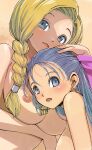  2girls absurdres bianca_(dq5) blonde_hair blue_eyes blue_hair bow braid breast_hold breasts closed_mouth completely_nude d: dragon_quest dragon_quest_v earrings eyelashes fingernails flora_(dq5) frown hair_bow hair_intakes hair_slicked_back hand_on_another&#039;s_head highres jewelry large_breasts light_blue_hair long_hair multiple_girls muramasa_mikado nipples nude pink_bow single_braid 