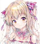  1girl bare_shoulders blonde_hair bow closed_mouth commentary_request grey_background hair_bow long_hair looking_at_viewer mizuki_yuuma off-shoulder_shirt off_shoulder original painting_(medium) red_bow shirt smile solo traditional_media two_side_up upper_body watercolor_(medium) white_shirt 