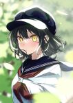  1girl absurdres arisugawa_bii black_hair black_headwear blue_sailor_collar blurry blurry_background blurry_foreground commentary_request depth_of_field film_grain hair_between_eyes hat highres looking_at_viewer medium_hair motion_blur neckerchief original parted_lips red_neckerchief sailor_collar school_uniform serafuku shirt sidelocks solo upper_body white_serafuku white_shirt yellow_eyes 