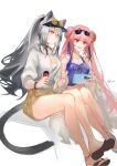  2girls :d absurdres animal_ears arknights bare_legs bare_shoulders camisole cat_ears cat_tail cellphone ceylon_(arknights) commentary_request double_bun eyewear_on_head grey_eyes grey_hair grey_hoodie hair_bun highres holding holding_phone hood hoodie long_hair multiple_girls open_mouth phone ponytail sandals schwarz_(arknights) shirix-xianyuxuan simple_background sitting sleeveless smartphone smile spaghetti_strap sunglasses tail thighs very_long_hair white_background 