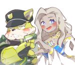  anna_(live_a_hero) anthro bancho blonde_hair blue_eyes blush canid canine canis clothing domestic_dog duo embarrassed facial_hair female fur gesture hair hand_heart hat headgear headwear human jewelry lifewonders live_a_hero male mammal mustache necklace procy sayusan16 yellow_body yellow_fur 