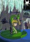  1boy blonde_hair cave_interior ezlo from_side green_shirt green_tunic isibatamako lily_pad link medium_hair pointy_ears shield_on_back shirt sitting solo sword sword_on_back the_legend_of_zelda the_legend_of_zelda:_the_minish_cap water weapon weapon_on_back 
