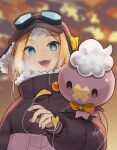  1girl abigail_williams_(fate) artist_name blonde_hair blue_eyes blurry blurry_background bow bowtie clothed_pokemon crossover depth_of_field drifloon fate_(series) goggles goggles_on_head highres jacket kyojo128 open_mouth orange_bow orange_bowtie pokemon pokemon_(creature) signature teeth upper_body upper_teeth_only watermark 