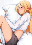  1girl alternate_costume black_shorts blonde_hair blush body_pillow breasts casual chromatic_aberration closed_eyes closed_mouth commentary dark-skinned_female dark_skin feet_out_of_frame fetal_position highres hololive long_hair long_sleeves lying medium_breasts midriff multicolored_hair object_hug on_bed on_side pillow pillow_hug pointy_ears shiranui_flare shirt short_shorts shorts sleeping solo two-tone_hair virtual_youtuber white_hair white_shirt yamaki_(yamaki801) 