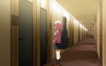  1408_(film) 1girl black_socks bocchi_the_rock! breasts brown_footwear commentary gotou_hitori guitar_case hallway highres instrument_case jacket large_breasts loafers long_hair pink_hair pink_jacket pleated_skirt shoes skirt sky-freedom socks solo track_jacket 